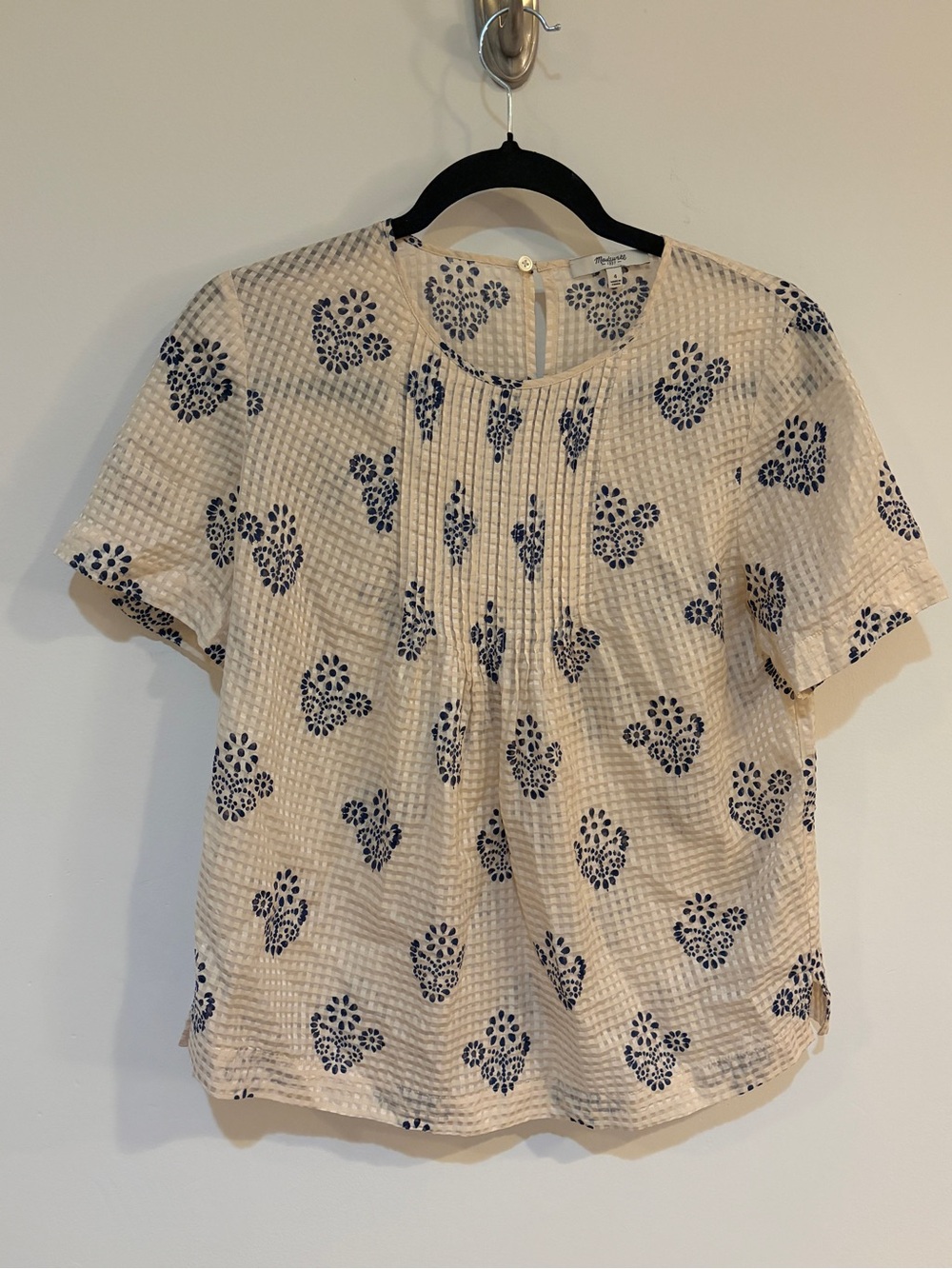 Madewell Cream Short Sleeve Blouse with Navy Floral Motif